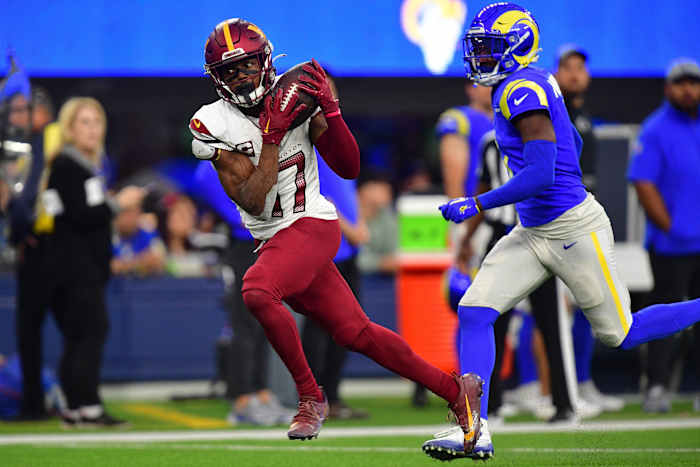 Washington Commanders wide receiver Terry McLaurin (17) catches a pass against the Los Angeles Rams during the second half at SoFi Stadium.